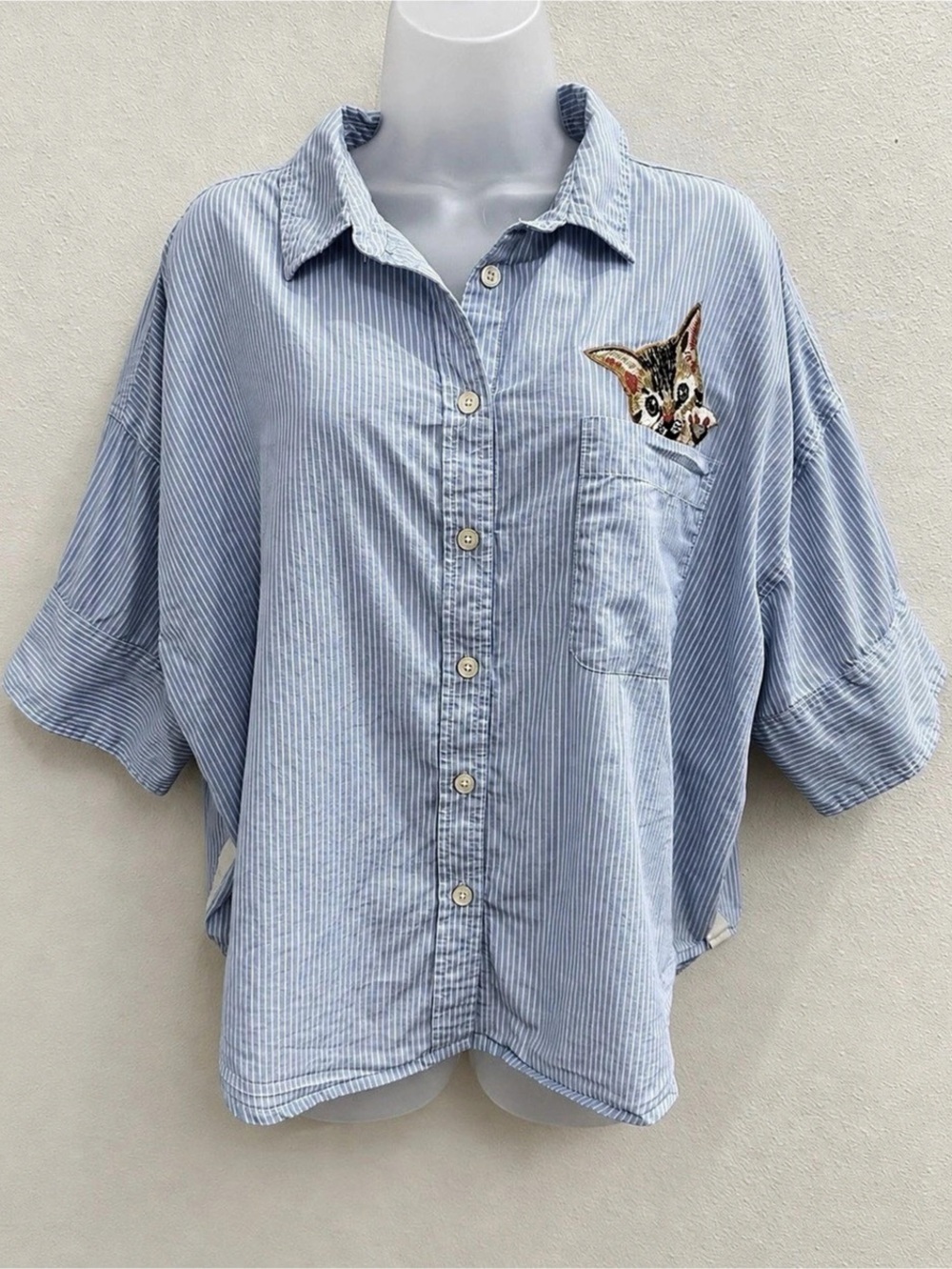 Maeve XL Striped Cat Embroidered Button Down Shirt Oversized Cotton